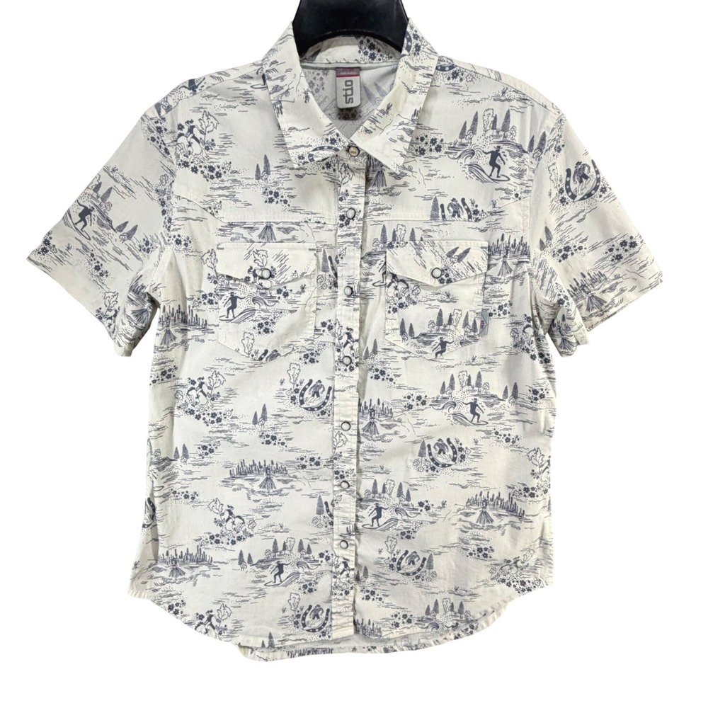Stio Curtis Camp Short Sleeve Shirt Mens L White Blue Pearl Snap Coastal Western